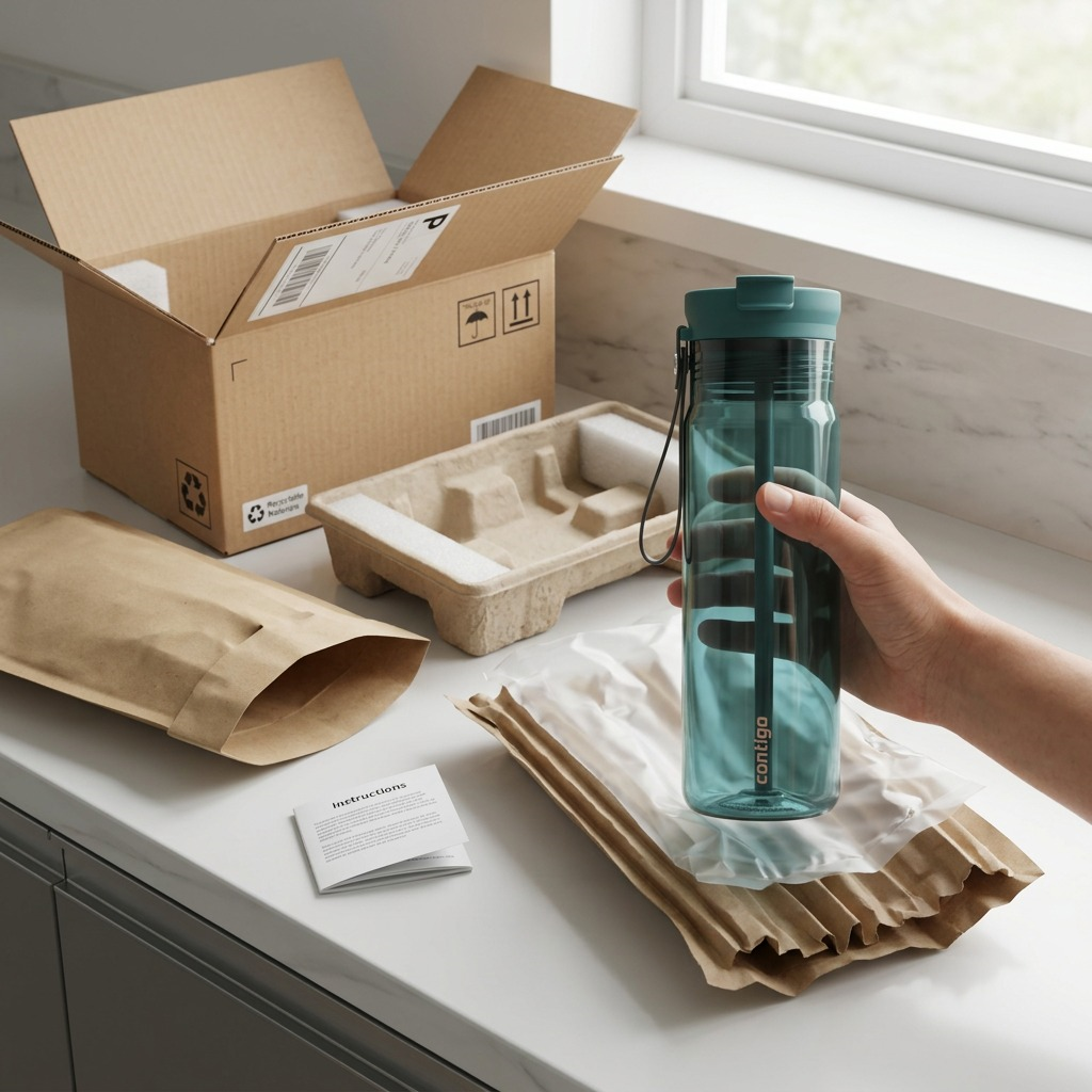 Hand holding a Mineral Teal Contigo 28oz water bottle next to its shipping box and protective packaging.