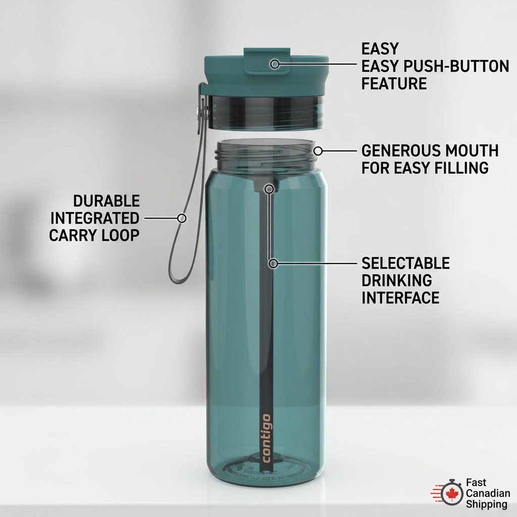 Contigo Mineral Teal water bottle features: push-button lid, carry loop, and wide mouth for filling.