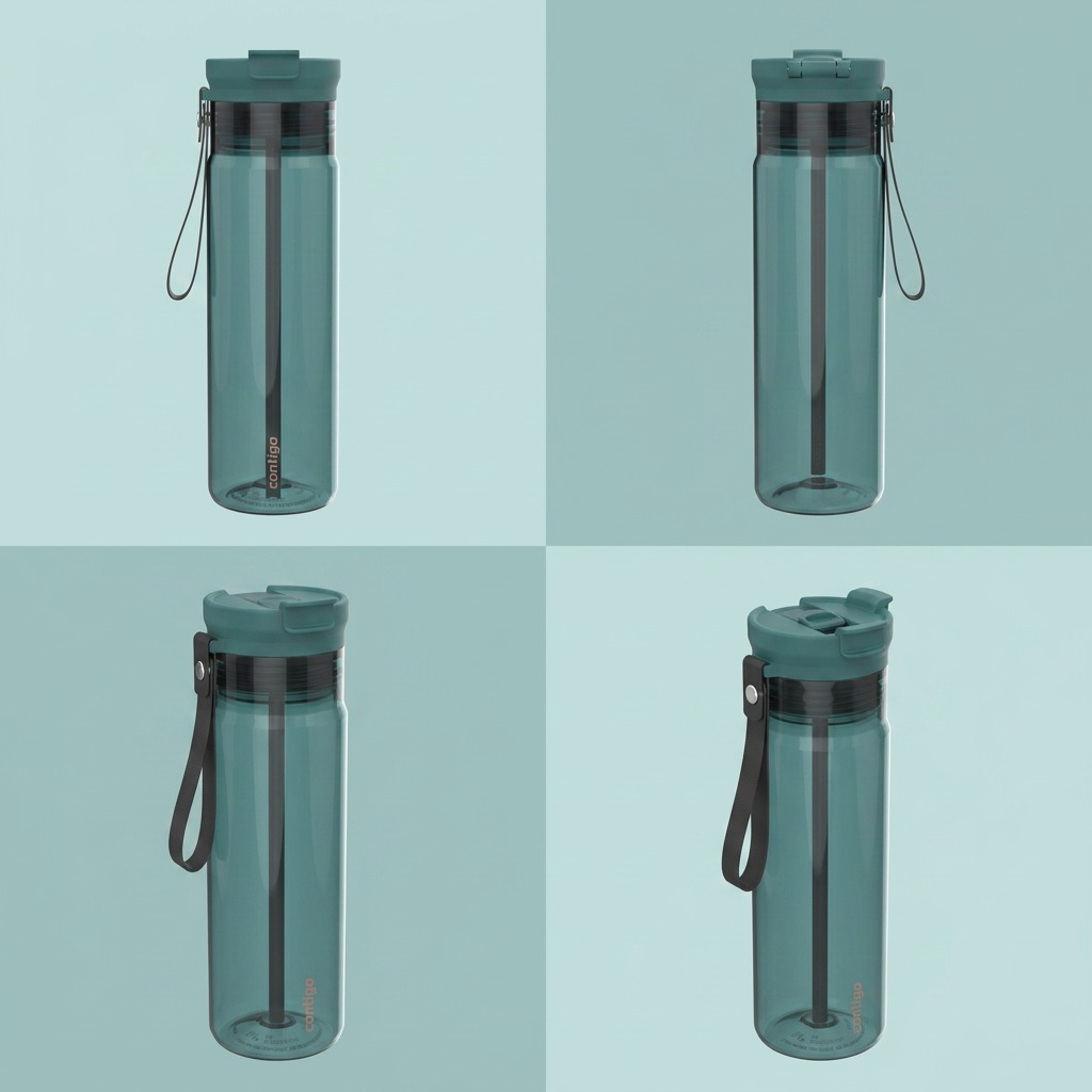 Four-view grid of the Mineral Teal Contigo 28oz Dual Sip Water Bottle showing different angles.