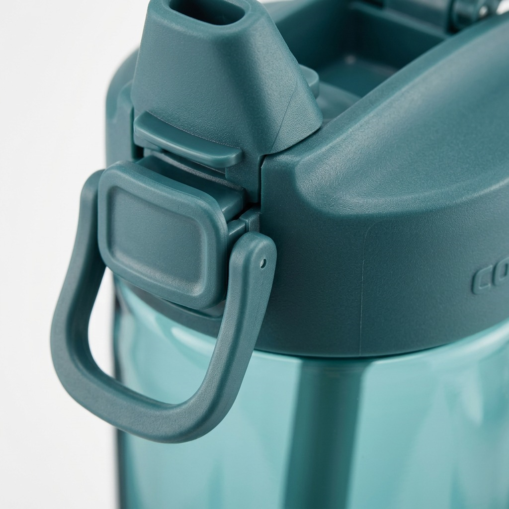 Macro detail of the Contigo Dual Sip water bottle mineral teal lid, carry loop, and straw sprout.