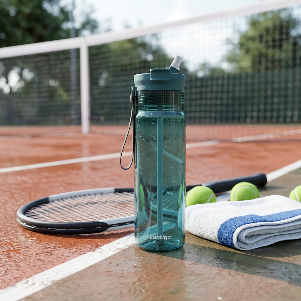 A 28oz Contigo Dual Sip water bottle in Mineral Teal on a tennis court next to a racket and balls.