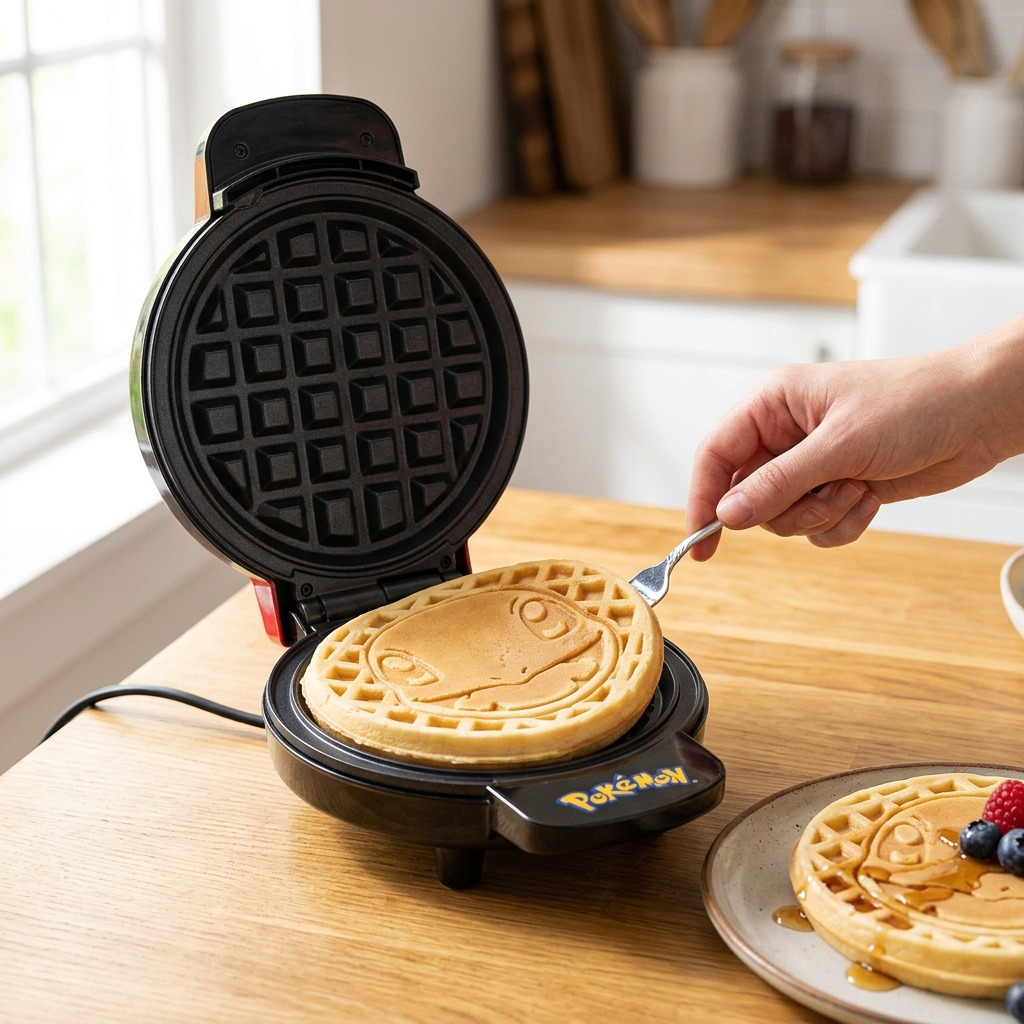 Person removing a golden Charmander waffle from the Uncanny Brands Pokemon Waffle Maker in a kitchen.