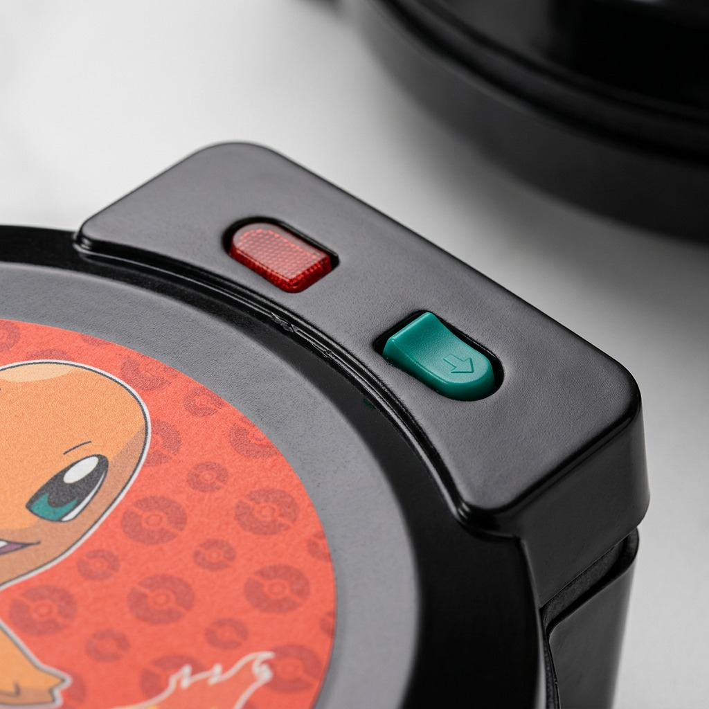 Macro detail of the Charmander waffle maker's red power light and green ready indicator switch.