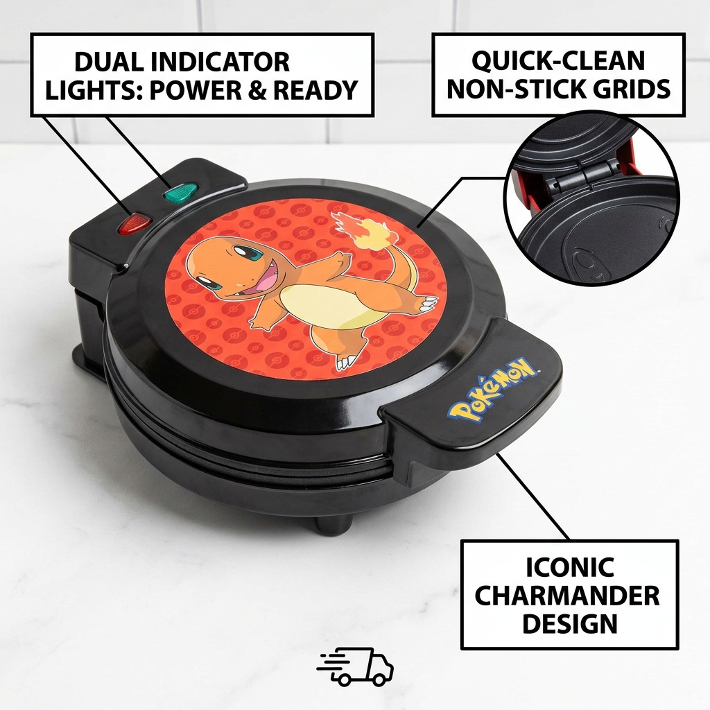 Charmander Waffle Maker featuring dual indicator lights, non-stick grids, and iconic artwork.