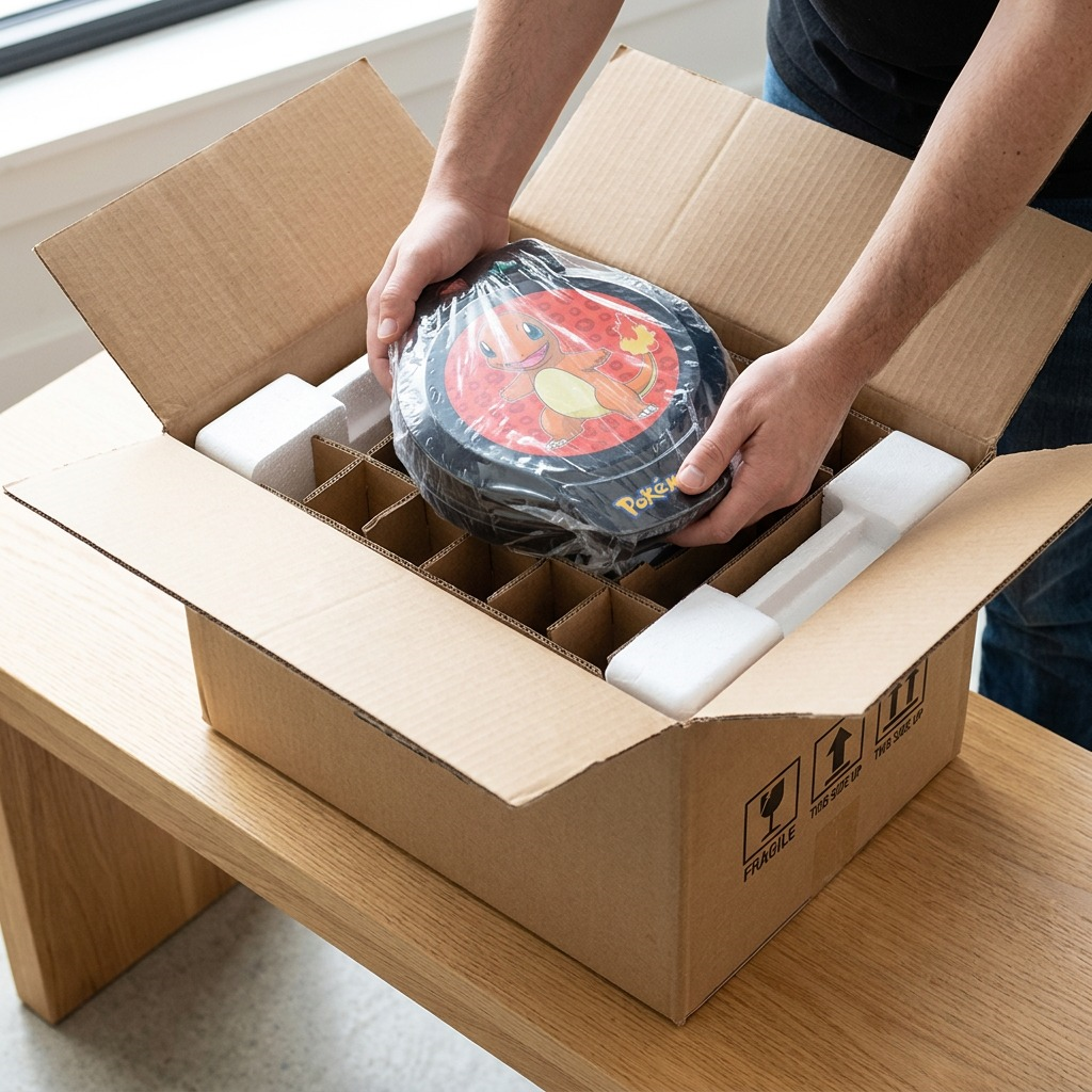 Person unboxing a Charmander Pokémon Waffle Maker from a cardboard box with protective foam inserts.