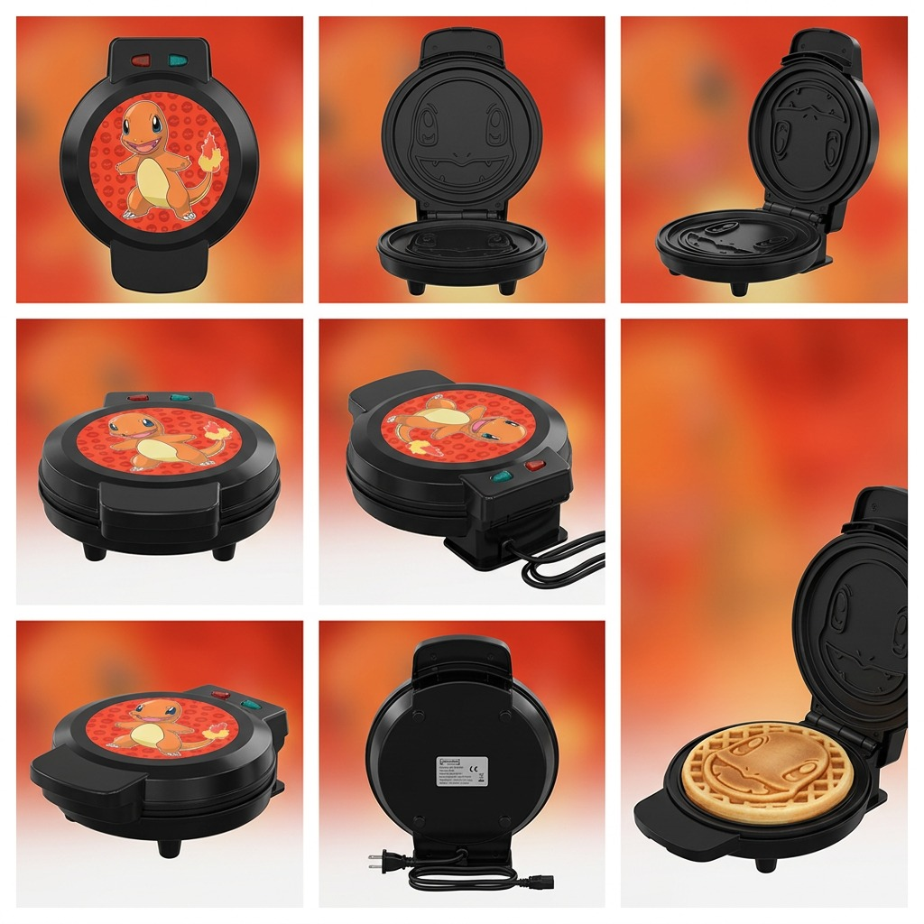 Grid showing multiple angles of the Charmander waffle maker, open with a waffle and closed.