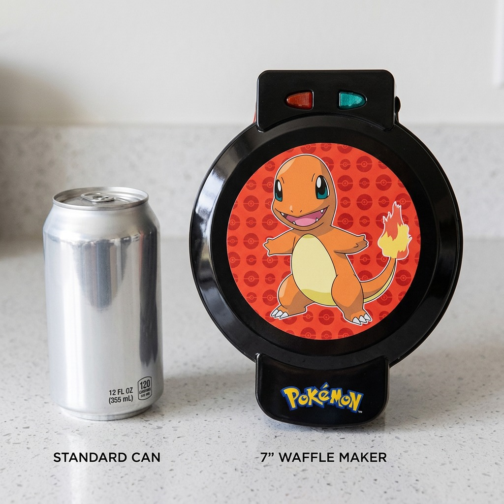 Uncanny Brands Charmander Pokémon Waffle Maker shown beside a 12oz soda can for scale reference.