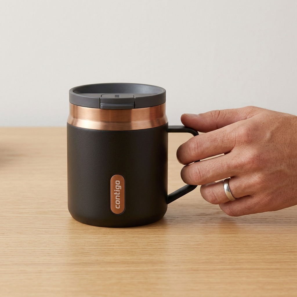 A person's hand holding a matte licorice Contigo Snapseal Mug to show scale on a wooden desk.