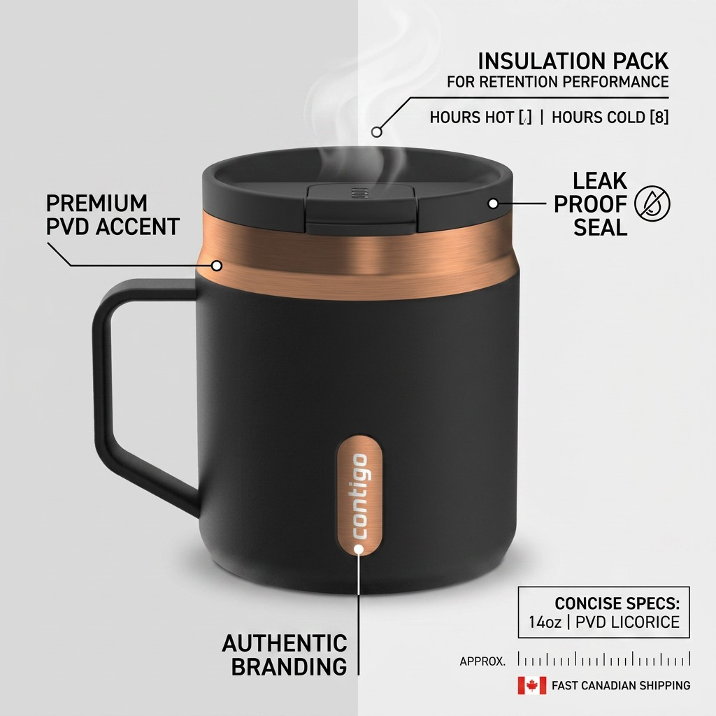 Features of the 14oz Contigo Byron thermal mug in Licorice with PVD accents and Snapseal lid.