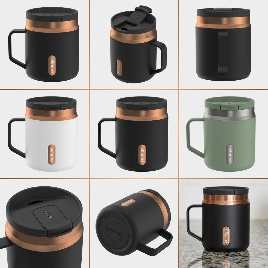 Grid showing Contigo 14oz Snapseal mugs in Matte Licorice, white, and sage green from various angles.