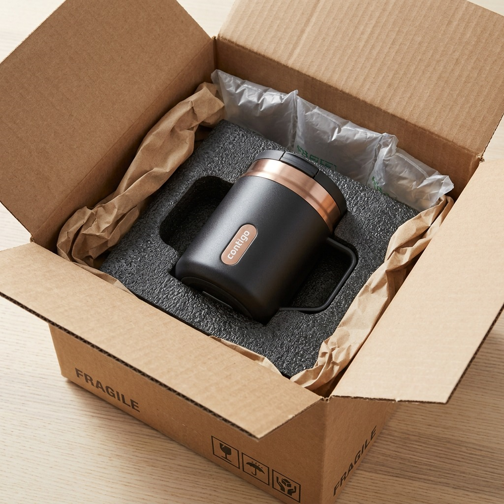 Contigo 14 oz Snapseal Mug in Licorice PVD finish, securely packed in a foam-lined shipping box.