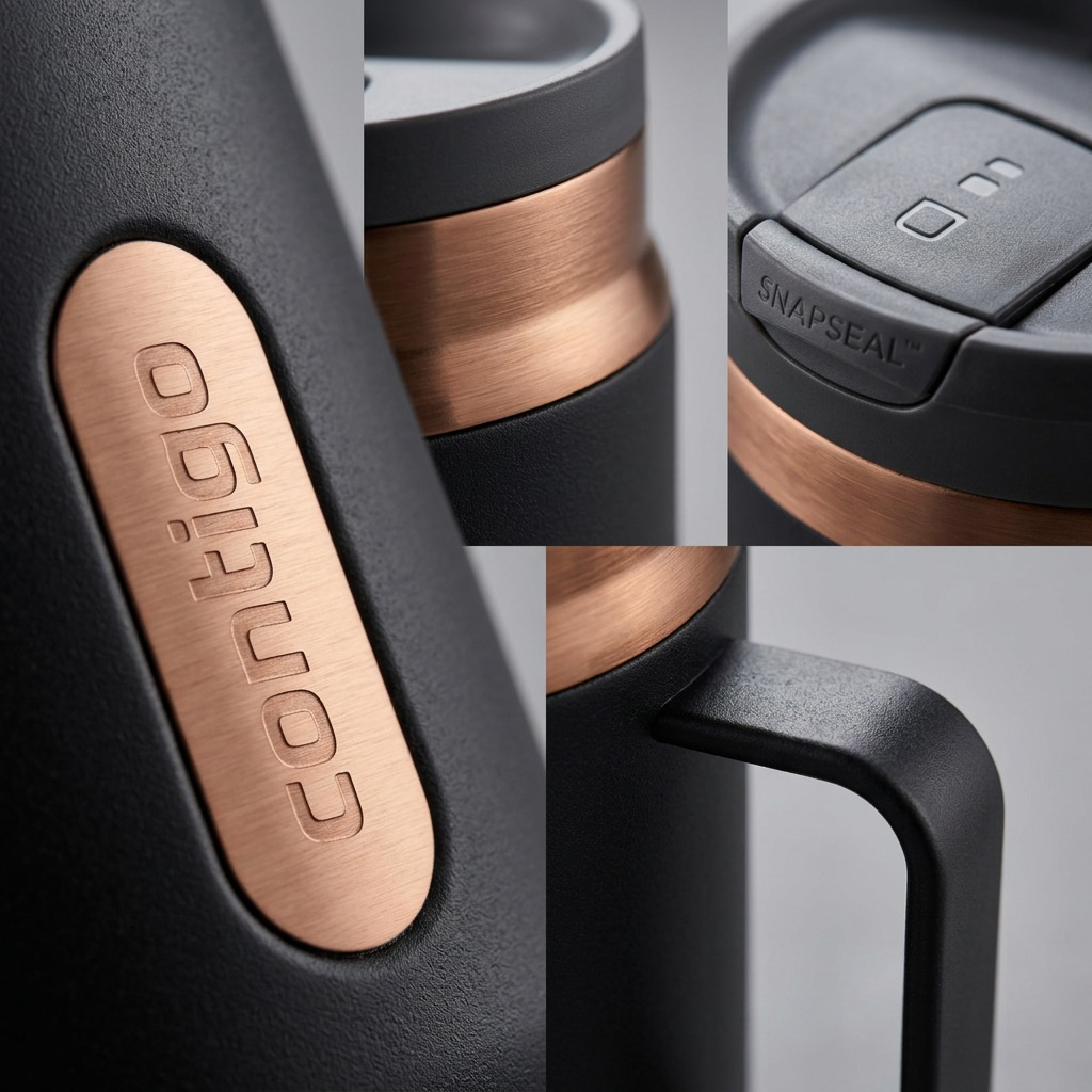 Macro details of the Contigo Byron 2.0 mug showing the Snapseal lid and matte Licorice PVD finish.