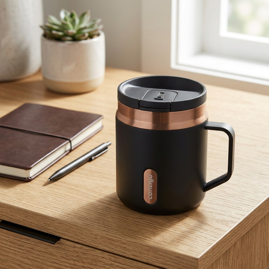 A matte black Contigo Snapseal thermal mug on a wooden desk next to a pen and notebook.