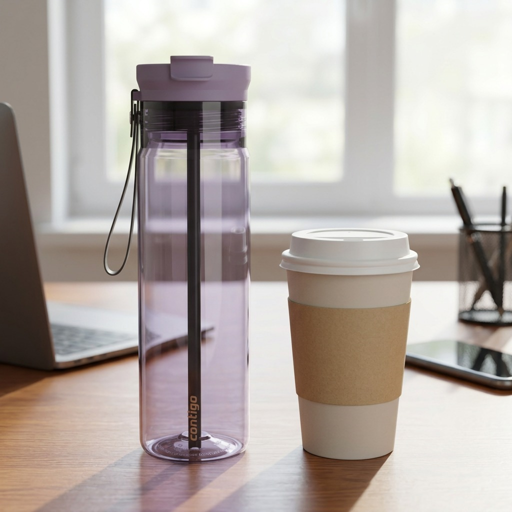 Purple Contigo 28 oz Dual Sip water bottle standing on a desk next to a standard coffee cup.