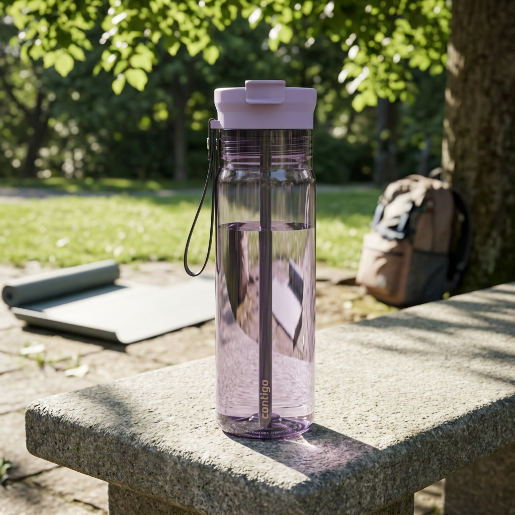 A purple Contigo Dual Sip water bottle sits on a stone bench outdoors with a yoga mat and backpack.