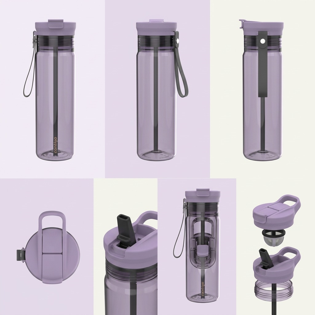 Multiple views of the Contigo 28 oz Purple Carrot Dual Sip water bottle showing lid and straw.
