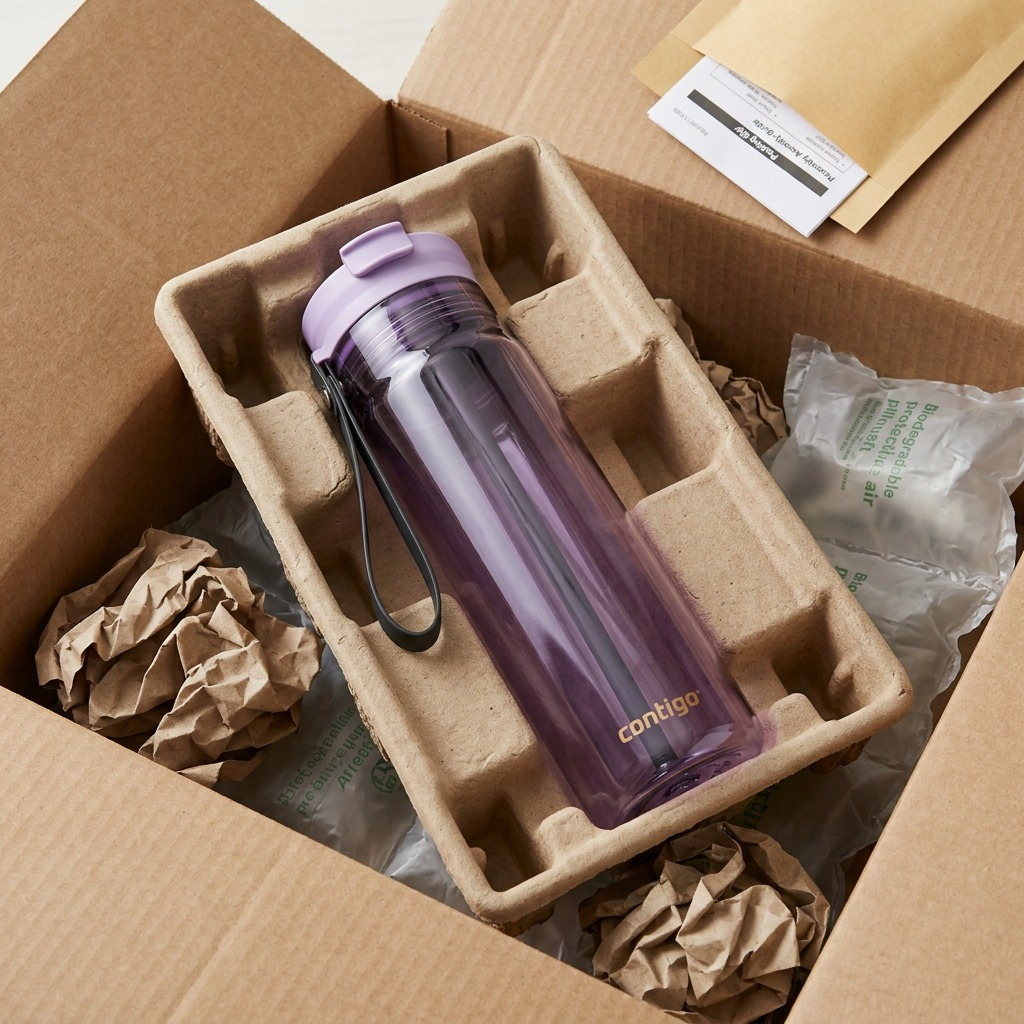 A purple Contigo Dual Sip water bottle securely packed inside a cardboard shipping box.