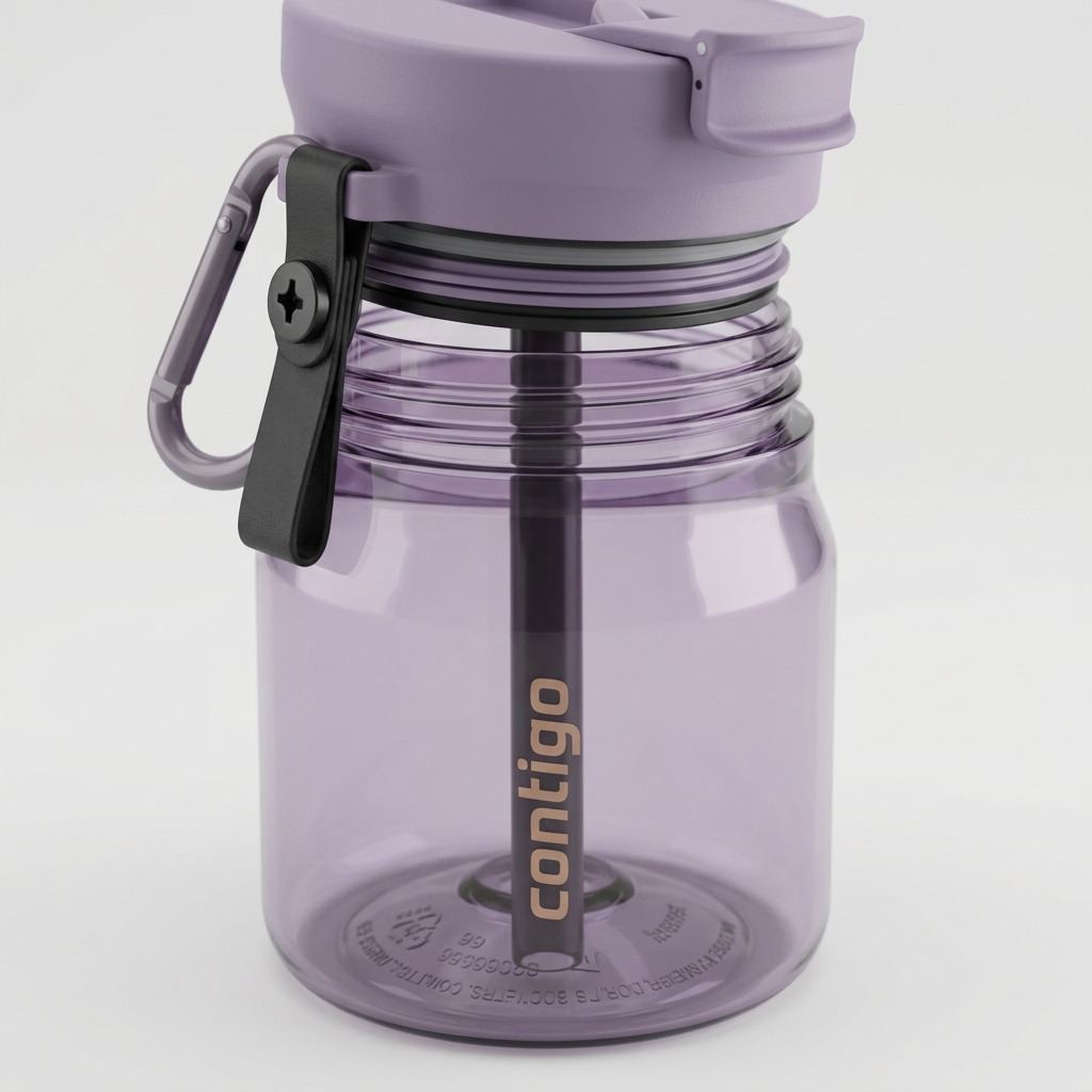 Macro view of the Contigo 28 oz Dual Sip bottle in Purple Carrot, showing the lid seal and straw.