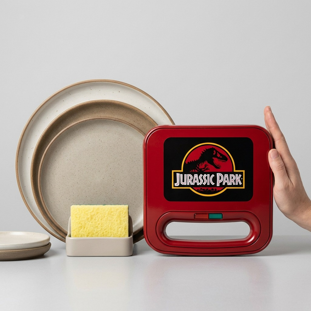 A red Jurassic Park sandwich maker shown for scale next to ceramic plates and a hand.