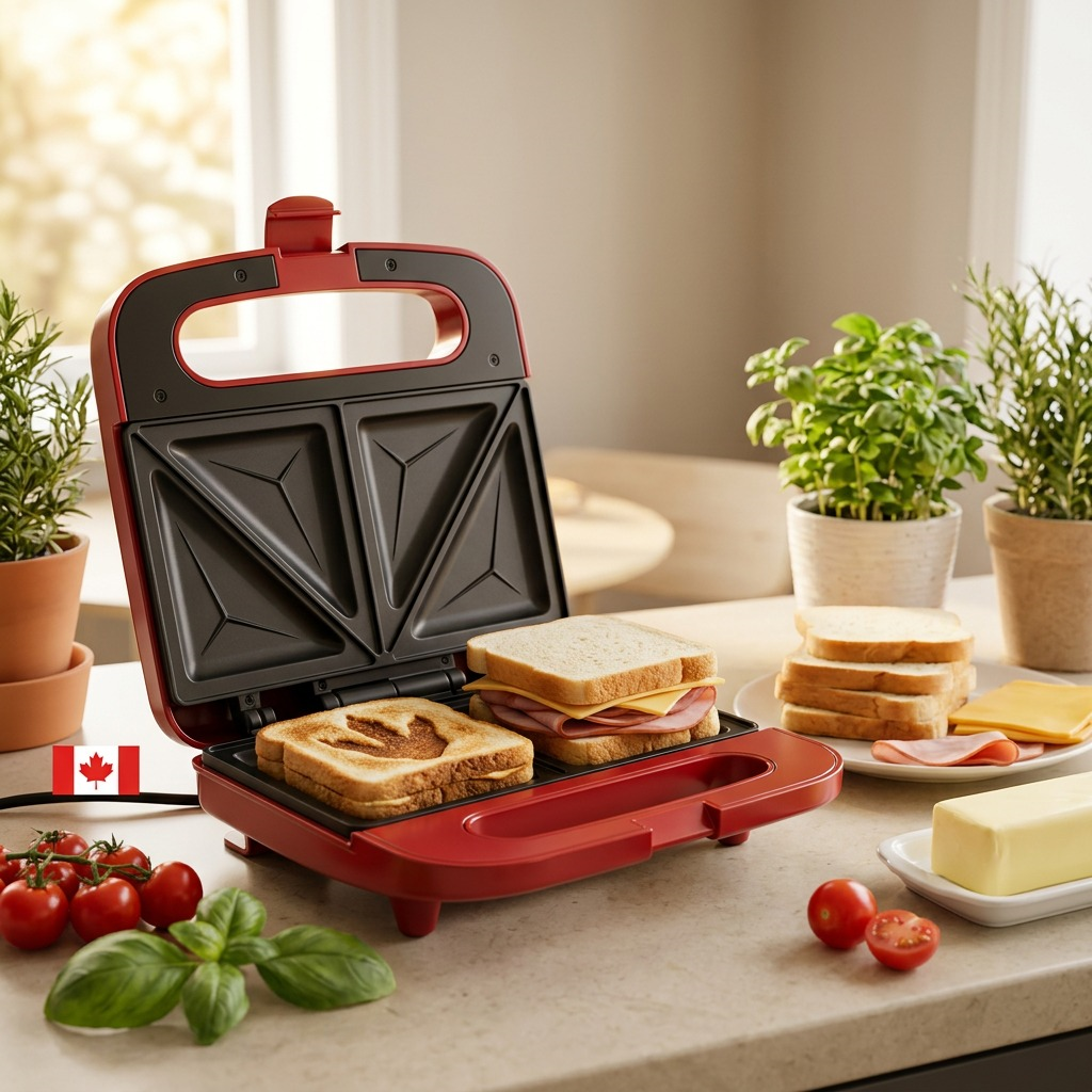 A Jurassic Park Grilled Cheese Maker searing a dinosaur footprint onto a sandwich on a kitchen counter.