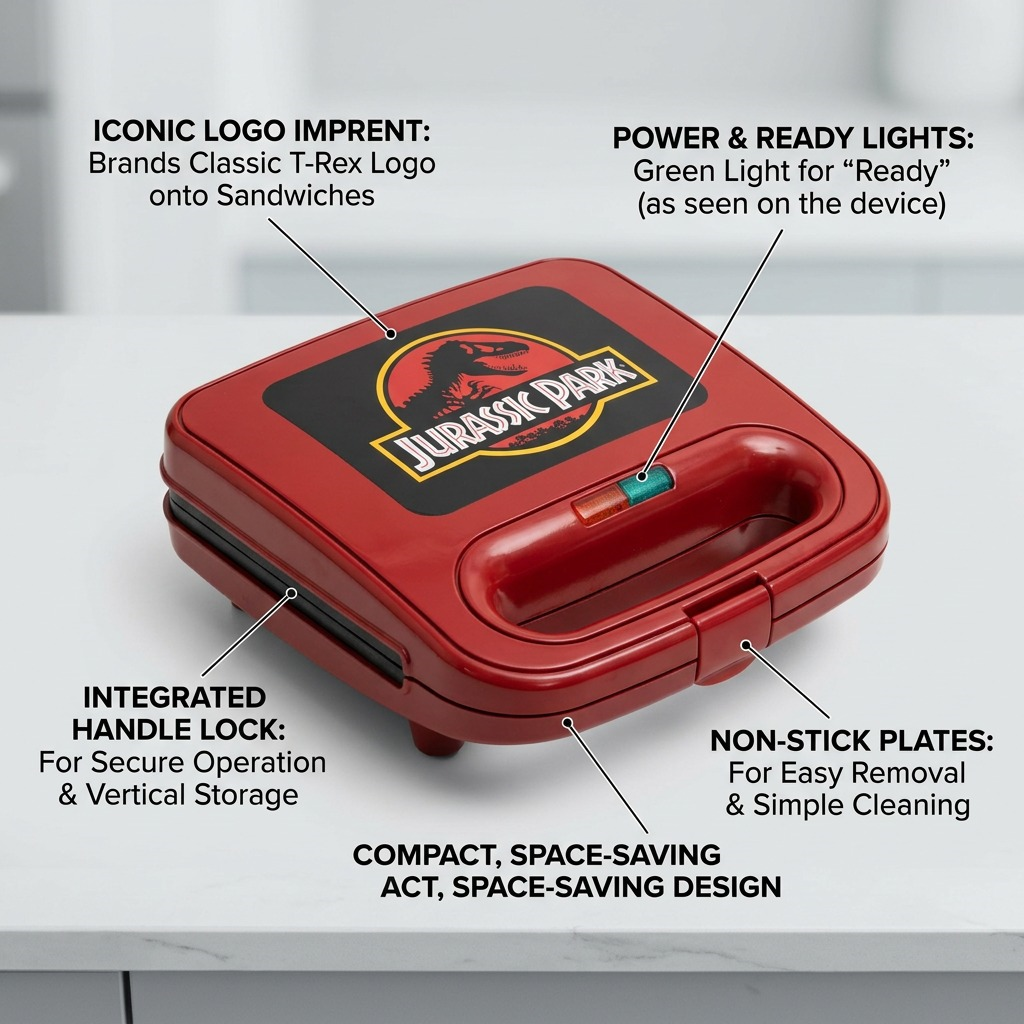 Jurassic Park sandwich maker features: T-Rex logo imprint, indicator lights, and handle lock.