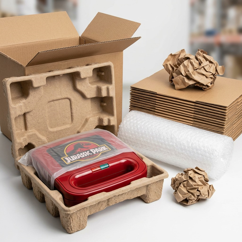 Jurassic Park Sandwich Maker in protective molded pulp packaging next to shipping boxes and bubble wrap.