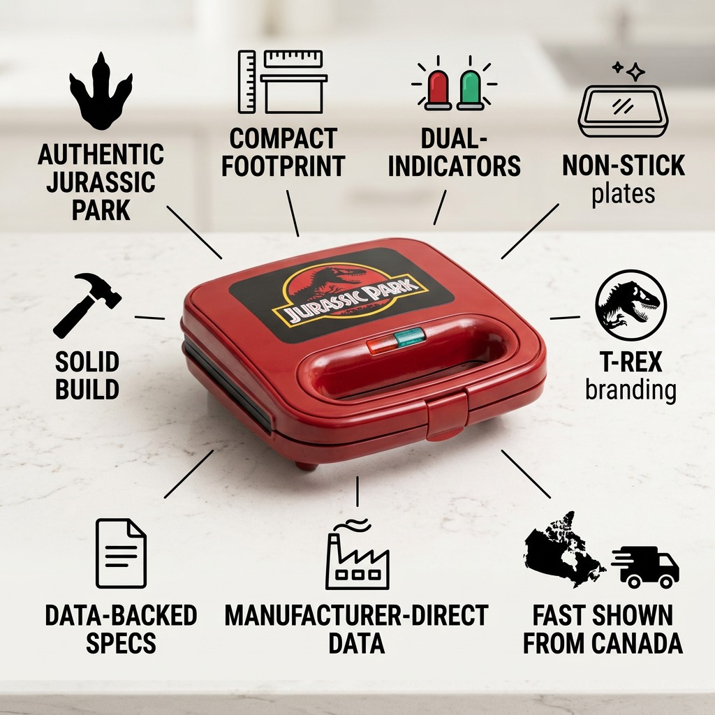 Jurassic Park sandwich maker infographic highlighting its non-stick plates and fast Canadian shipping.