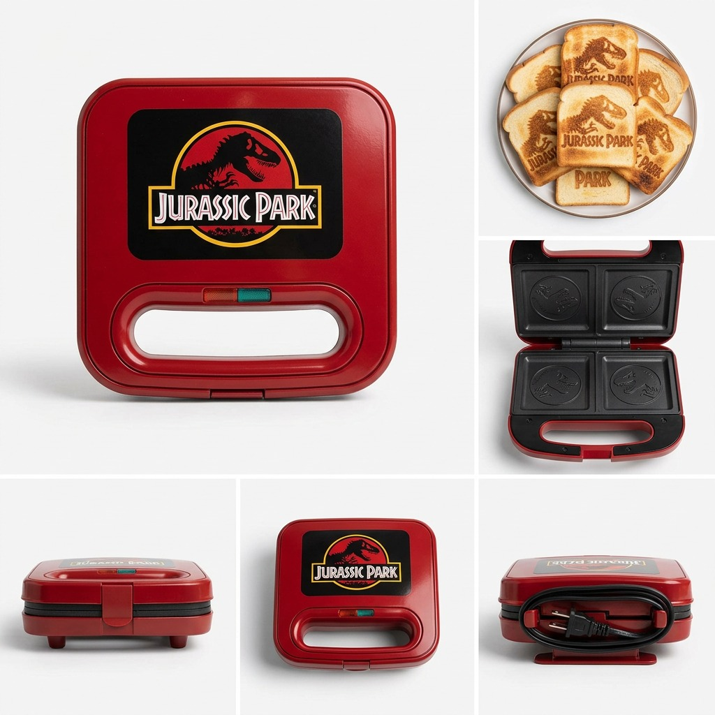 Multiple views of the red Jurassic Park Grilled Cheese Maker, including open plates and seared toast.