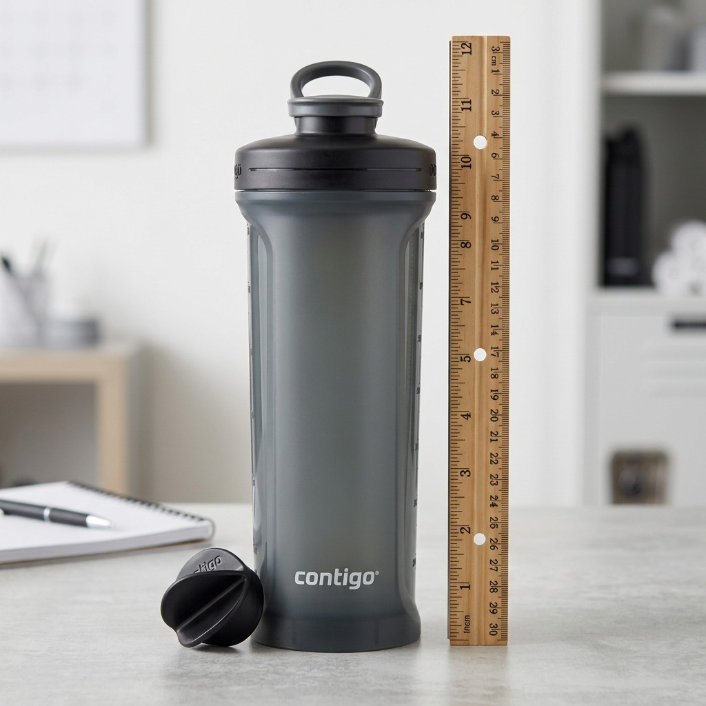 A 28oz Contigo Shake & Go 2.0 bottle next to a 12-inch wooden ruler for scale on a white desk.