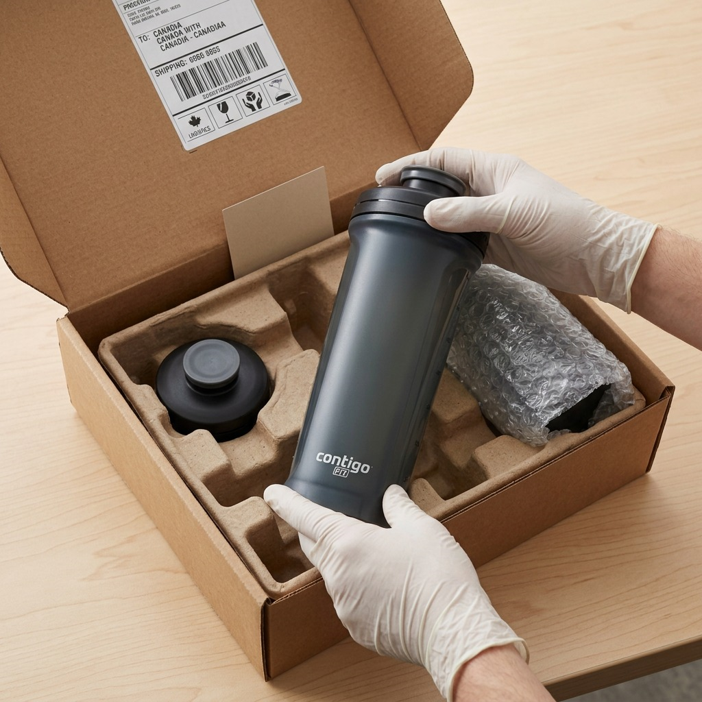 A gloved hand lifts a Contigo AutoPop Shake & Go shaker bottle from protective cardboard packaging.