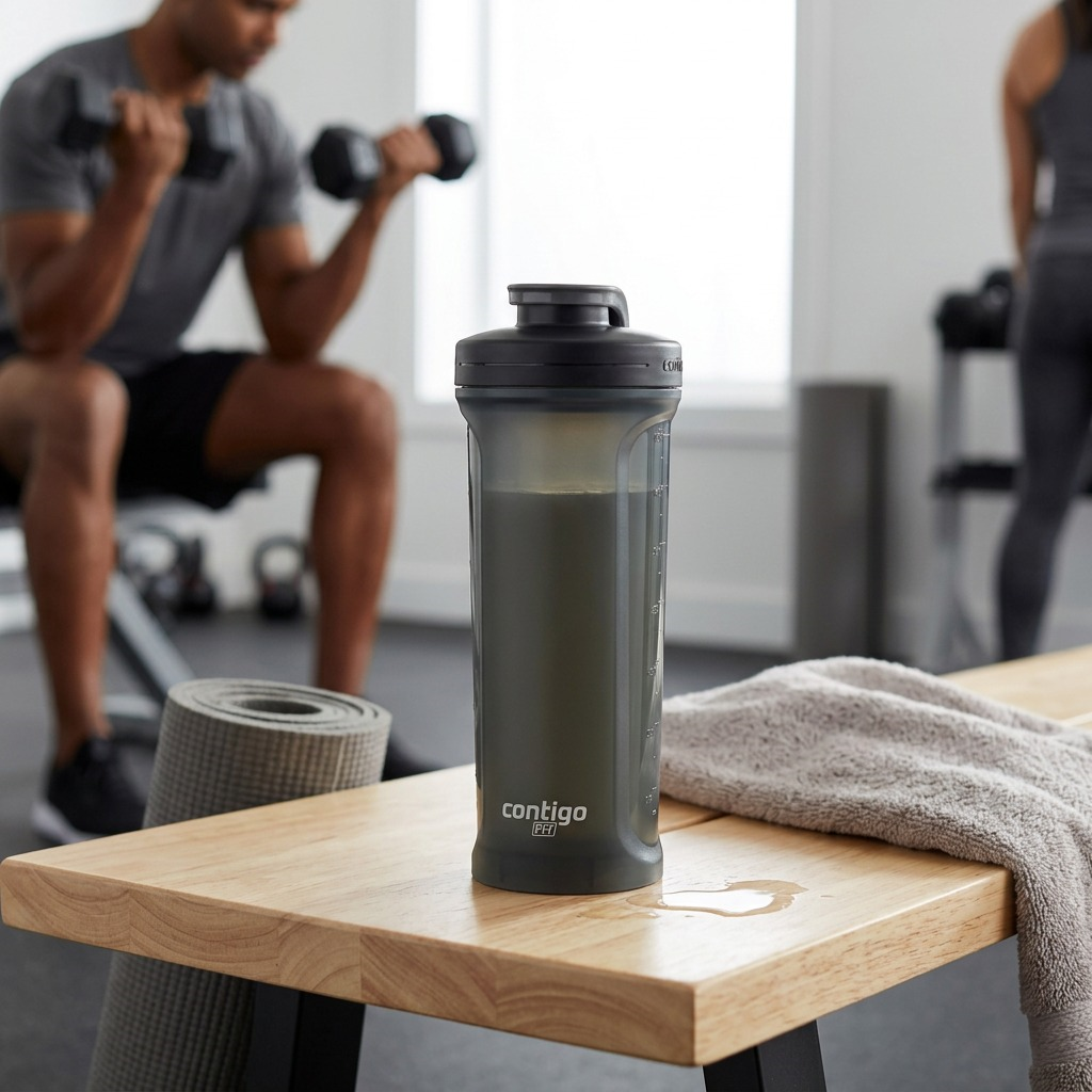 Contigo 28oz AutoPop Shake & Go 2.0 bottle in a gym setting with a man lifting weights.