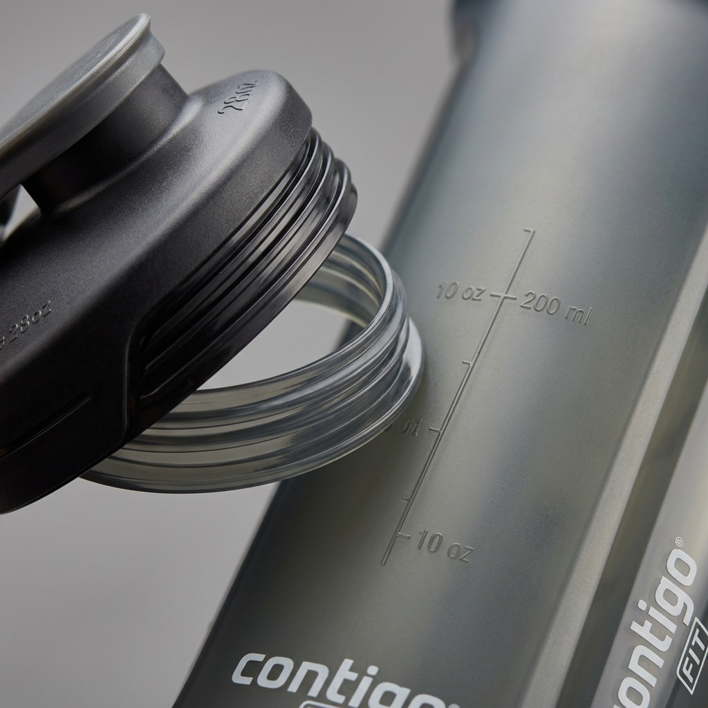 Close-up of a grey Contigo shaker bottle showing a threaded lid and embossed volume measurements.