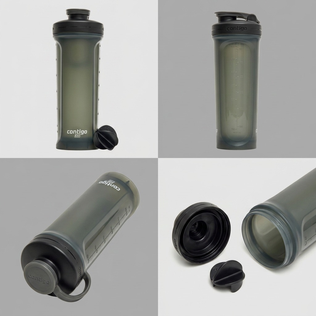 Four views of the Contigo AutoPop Shake & Go 2.0 28oz shaker bottle, showing lid and agitator ball.