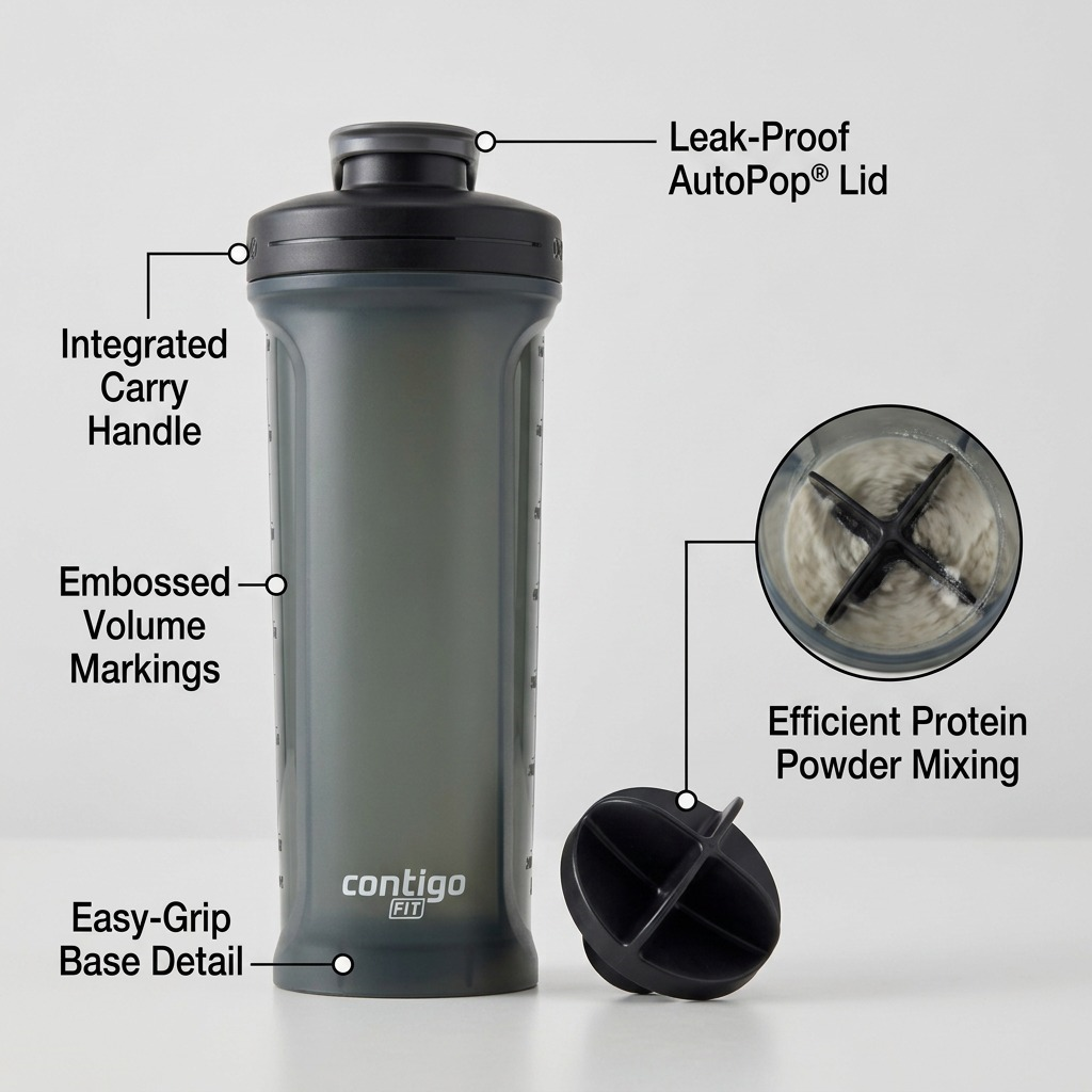 Contigo 28 oz AutoPop Shaker Bottle features: leak-proof lid, carry handle, and internal mixer.
