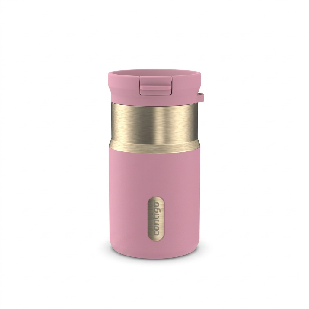 Contigo 10 oz Snapseal travel mug in pink diamond finish with gold accents on a white background.