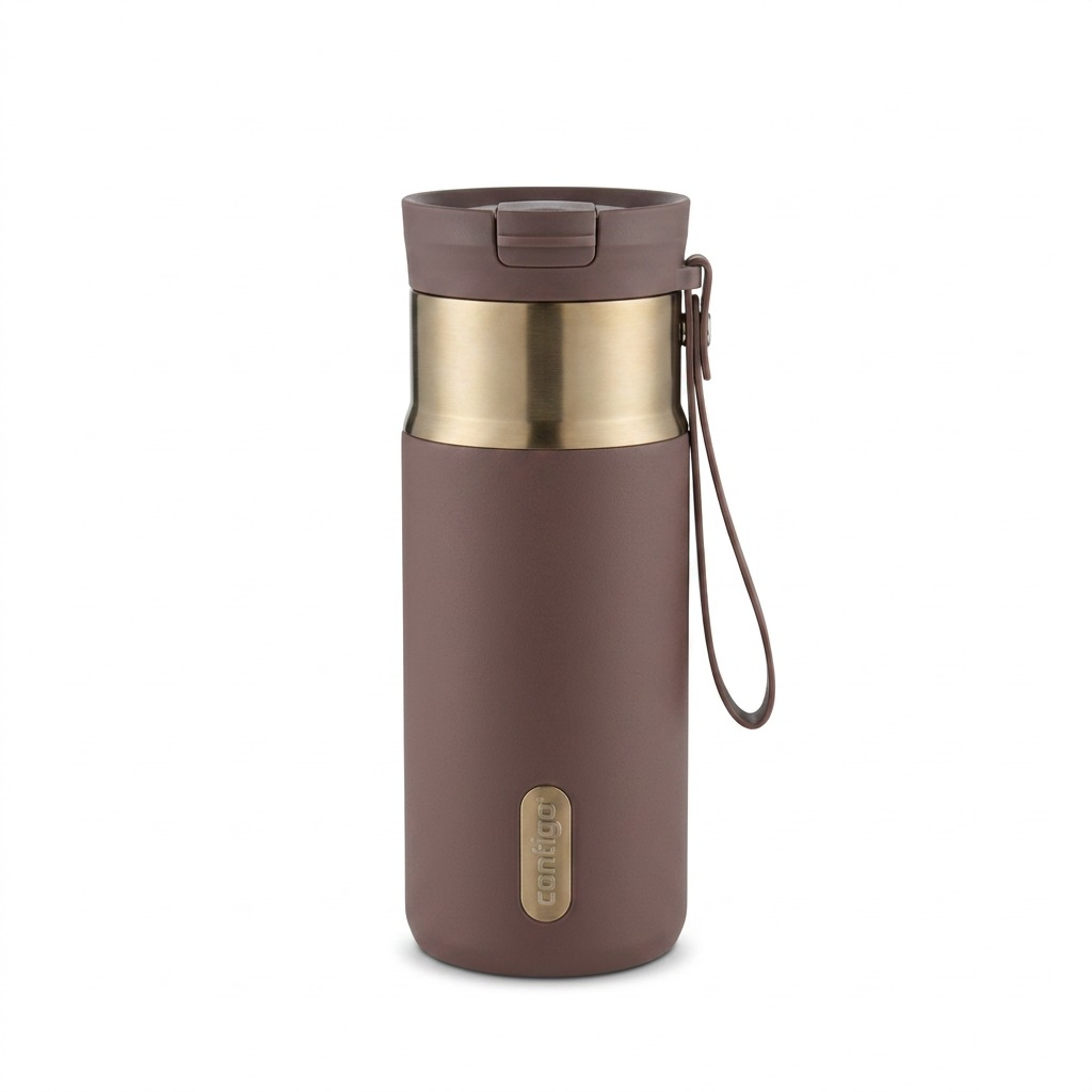 Contigo 16oz Snapseal PVD Travel Mug in Terra brown with gold accents and a carrying loop.