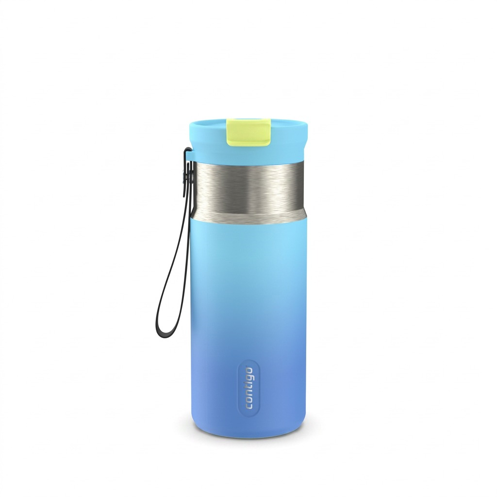 Contigo 16oz Tween Dual Sip water bottle in Glacial Blink blue ombre with carry strap and lid.