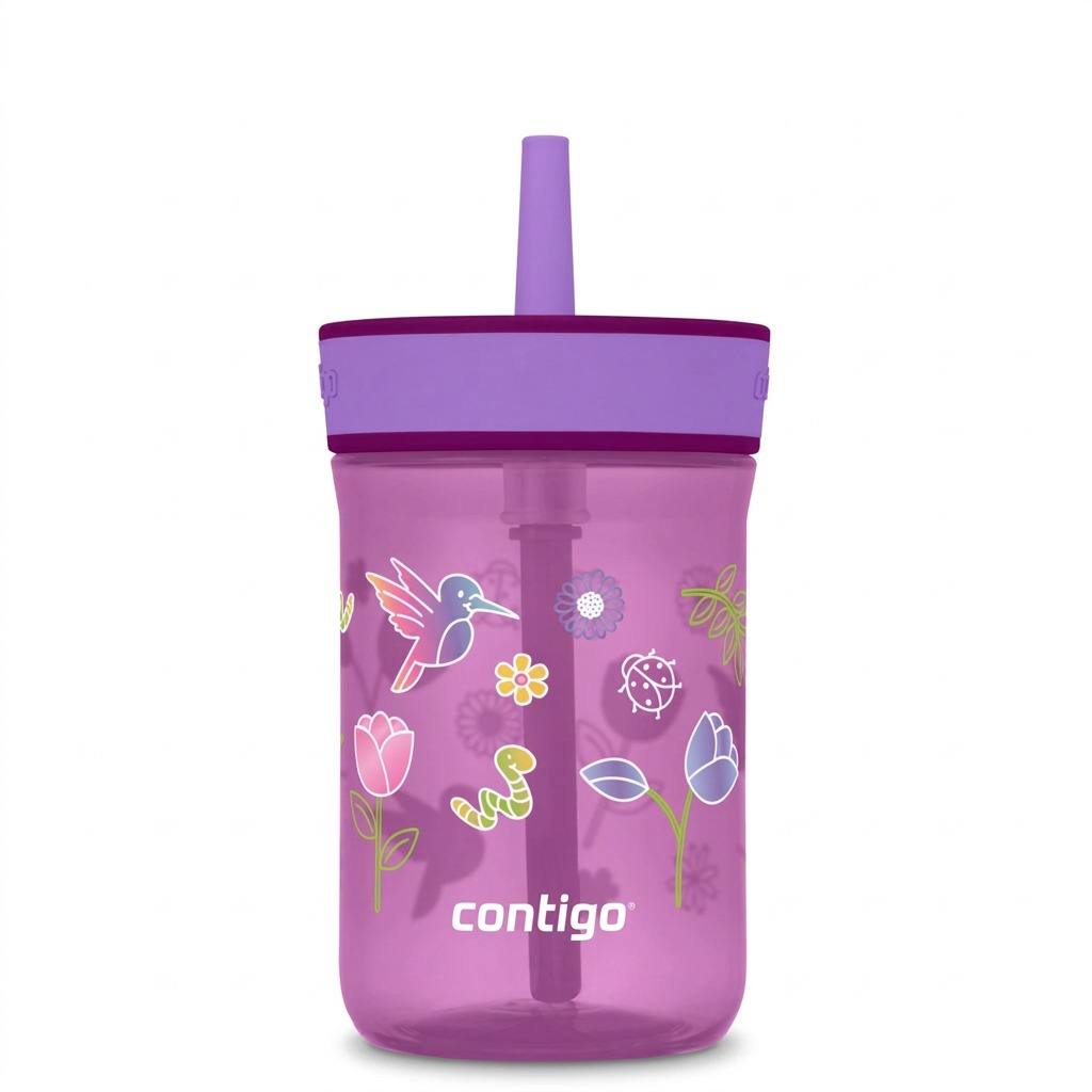 Contigo Leighton Kids 14oz Straw Tumbler in Grape Tulips featuring hummingbird and flower graphics.
