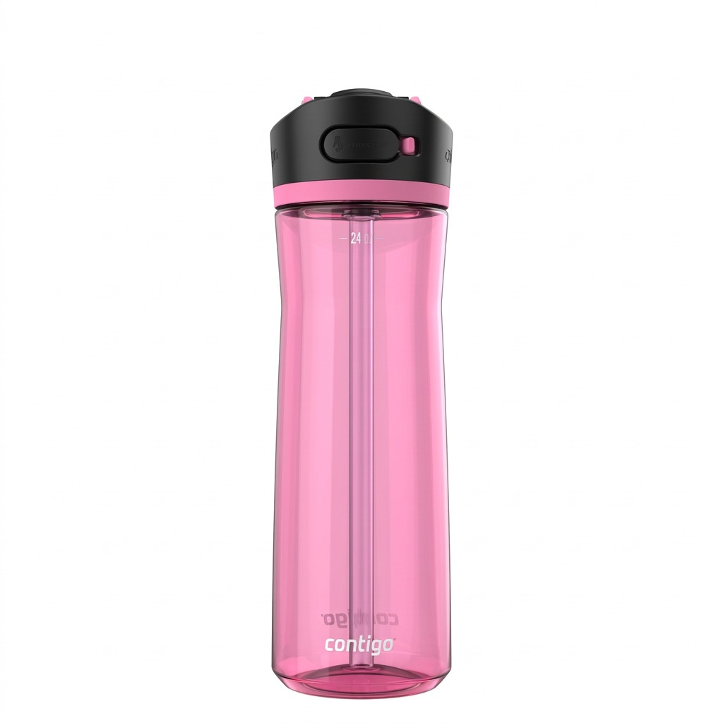 Contigo 24oz Autospout Ashland 2.0 Water Bottle in Azalea pink with black lid and pop-up straw.
