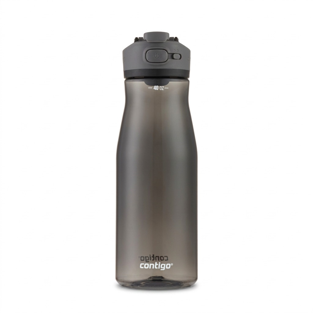 High-resolution hero product shot of the grey Contigo 40 oz Autoseal Cortland 2.0 Licorice BPA-free plastic water bottle, centered against a pure white background.