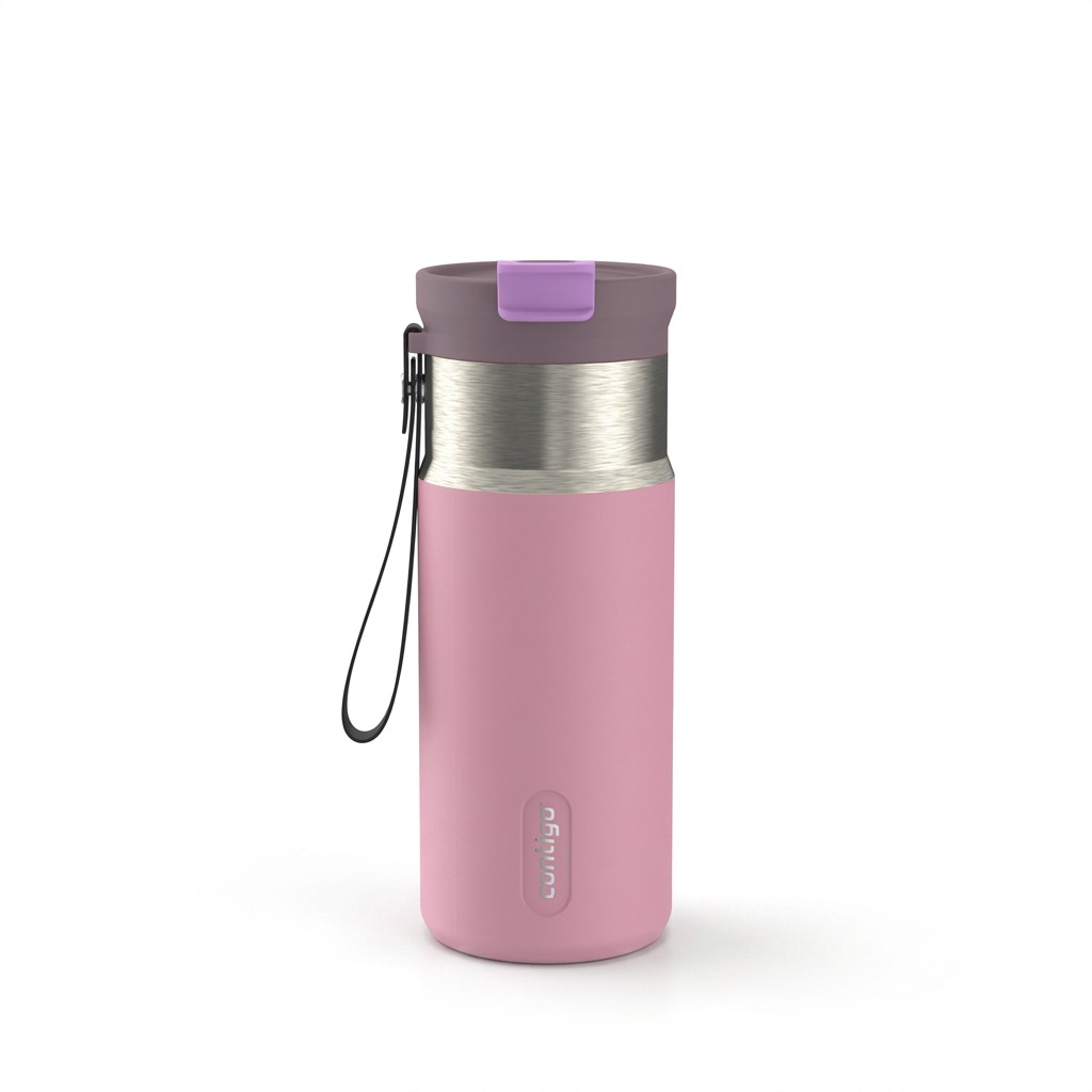 High-resolution 16oz Contigo Tween Dual Sip travel bottle in Lunar Petal pink with strap against a pure white background.