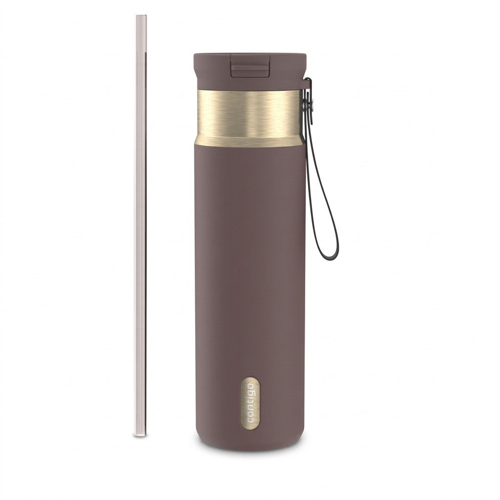 Contigo 24oz SnapSeal PVD Tumbler in Terra brown with gold accents, leak-proof lid, and straw.