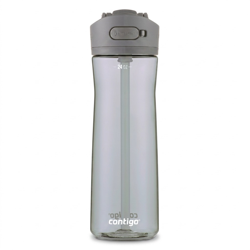 Contigo 24 oz Autospout Ashland 2.0 water bottle in Sake grey with straw and carry loop.