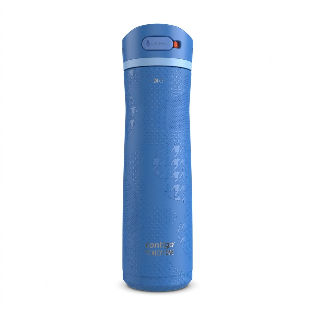 Contigo Ashland Chill 2.0 Ally Love 24oz water bottle in Stellar Jay blue with textured patterns.