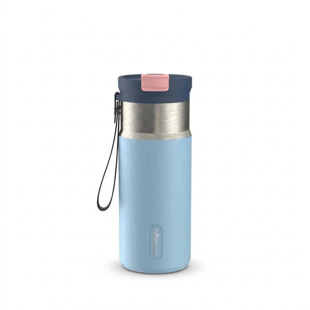 A high-resolution ecommerce hero shot of the Contigo 16 oz Tween Dual Sip bottle in blue, stainless steel, and pink, centered on a pure white background with realistic lighting and a clean shadow.