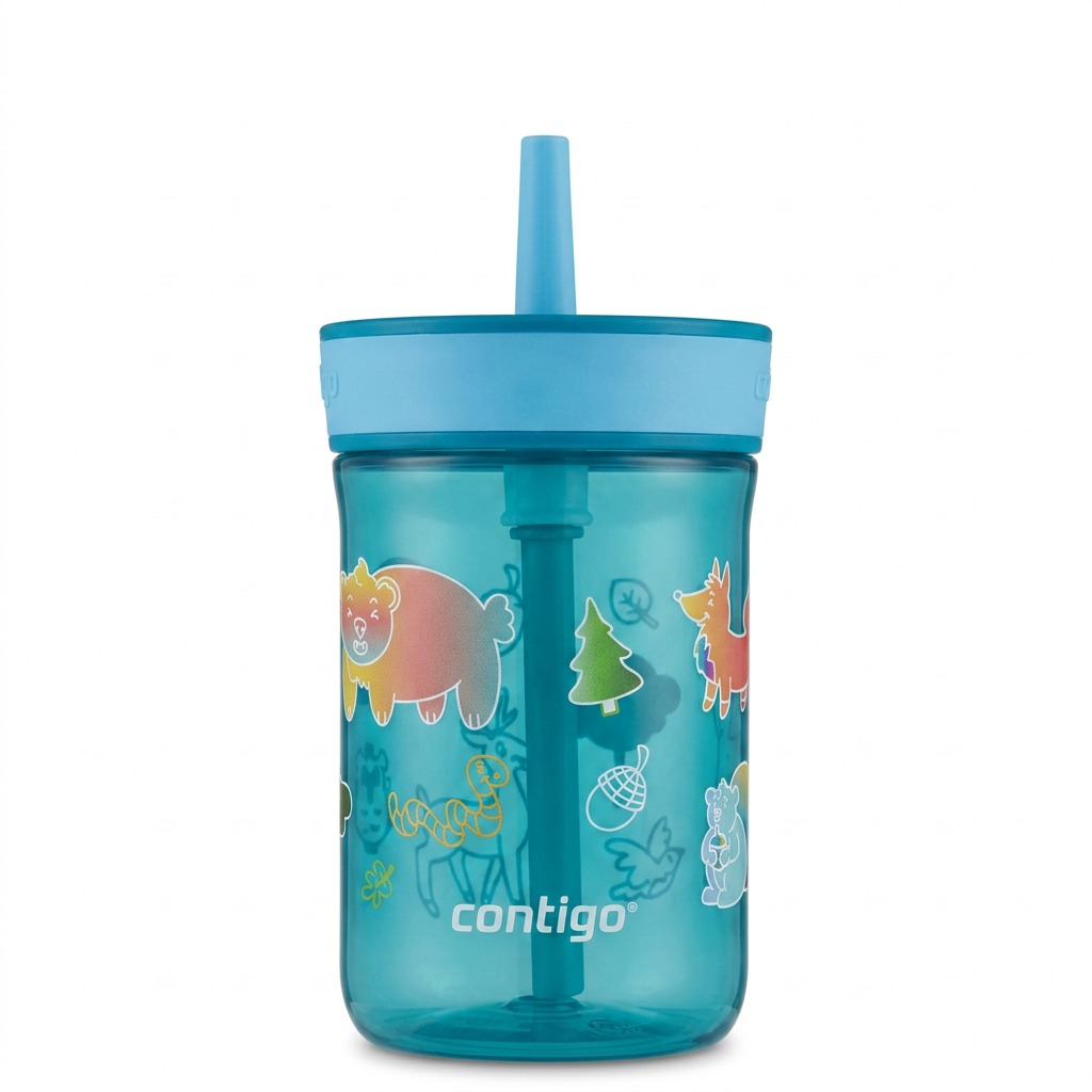 Contigo 14 oz Leighton Kids Straw Tumbler in Juniper Forest with colorful forest animal graphics.