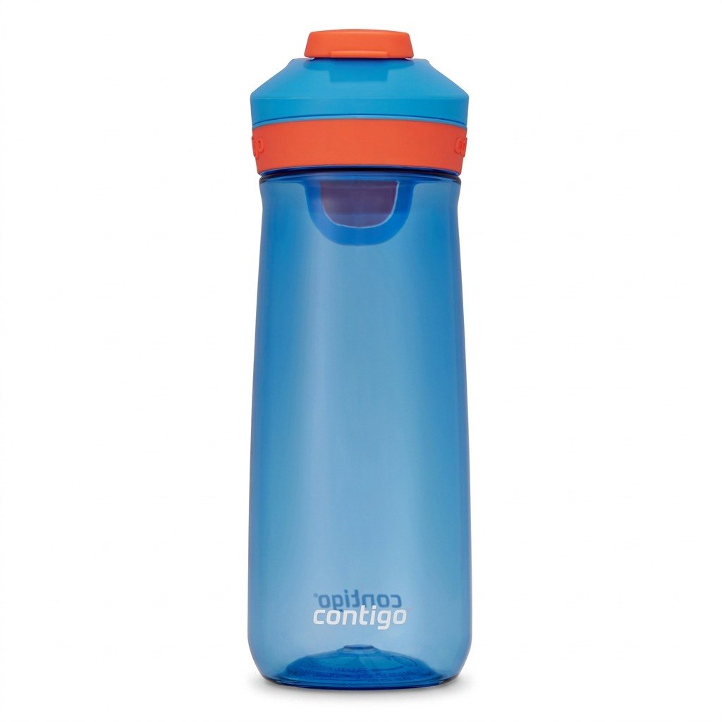Contigo 20oz Autoseal Casey Water Bottle in Blue Poppy with orange accents and a spill-proof lid.