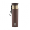 Contigo 24 oz Dual Sip Thermal Tumbler in Terra brown with PVD finish, carry loop, and gold trim.