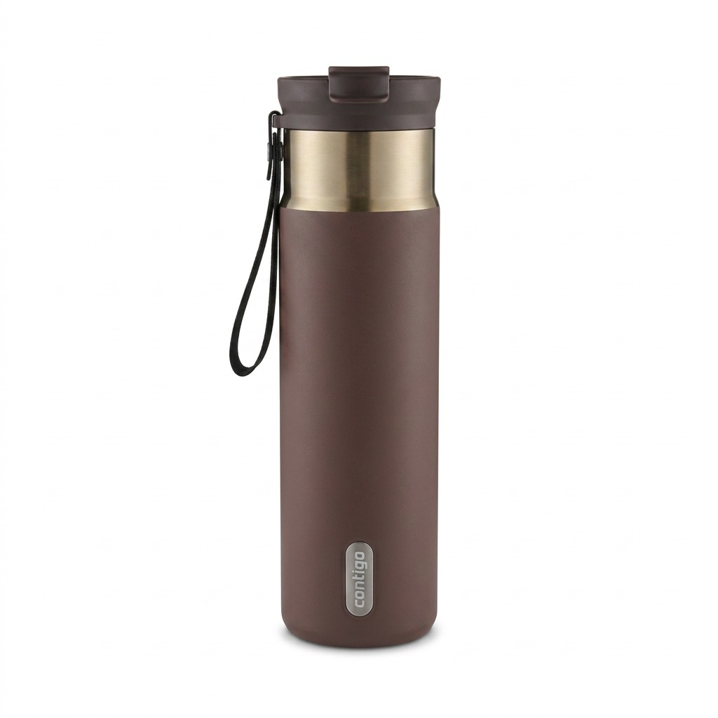 Contigo 24 oz Dual Sip Thermal Tumbler in Terra brown with PVD finish, carry loop, and gold trim.