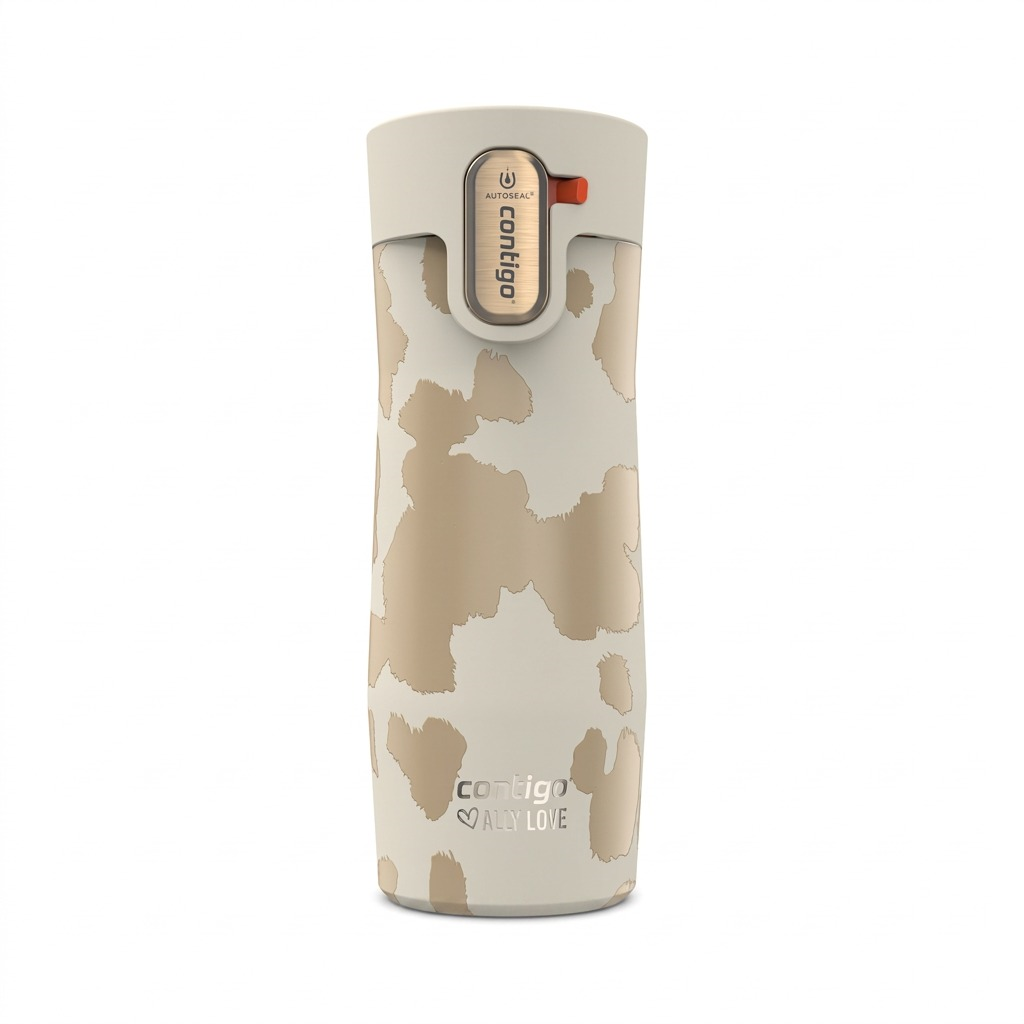 Contigo x Ally Love West Loop 3.0 Travel Mug in Oatmilk with tan abstract pattern and AUTOSEAL lid.